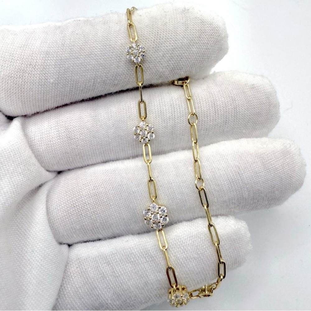 7” Gold Plated over .925 Sterling Silver Cz Flower Bracelet - Picture 1 of 16